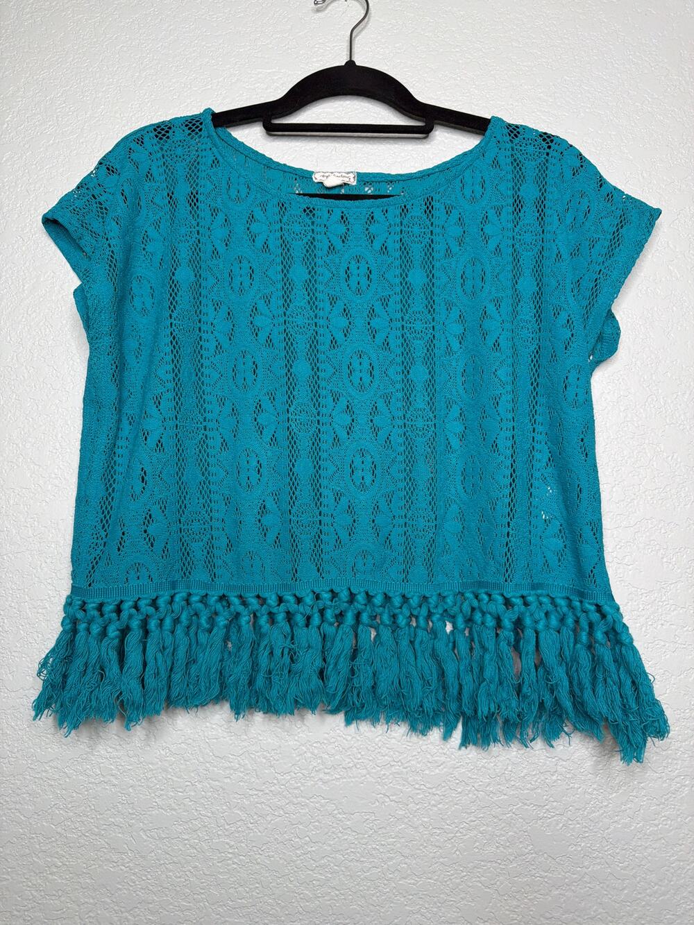Eyeshadow Teal Crochet Fringe Boho Top Small